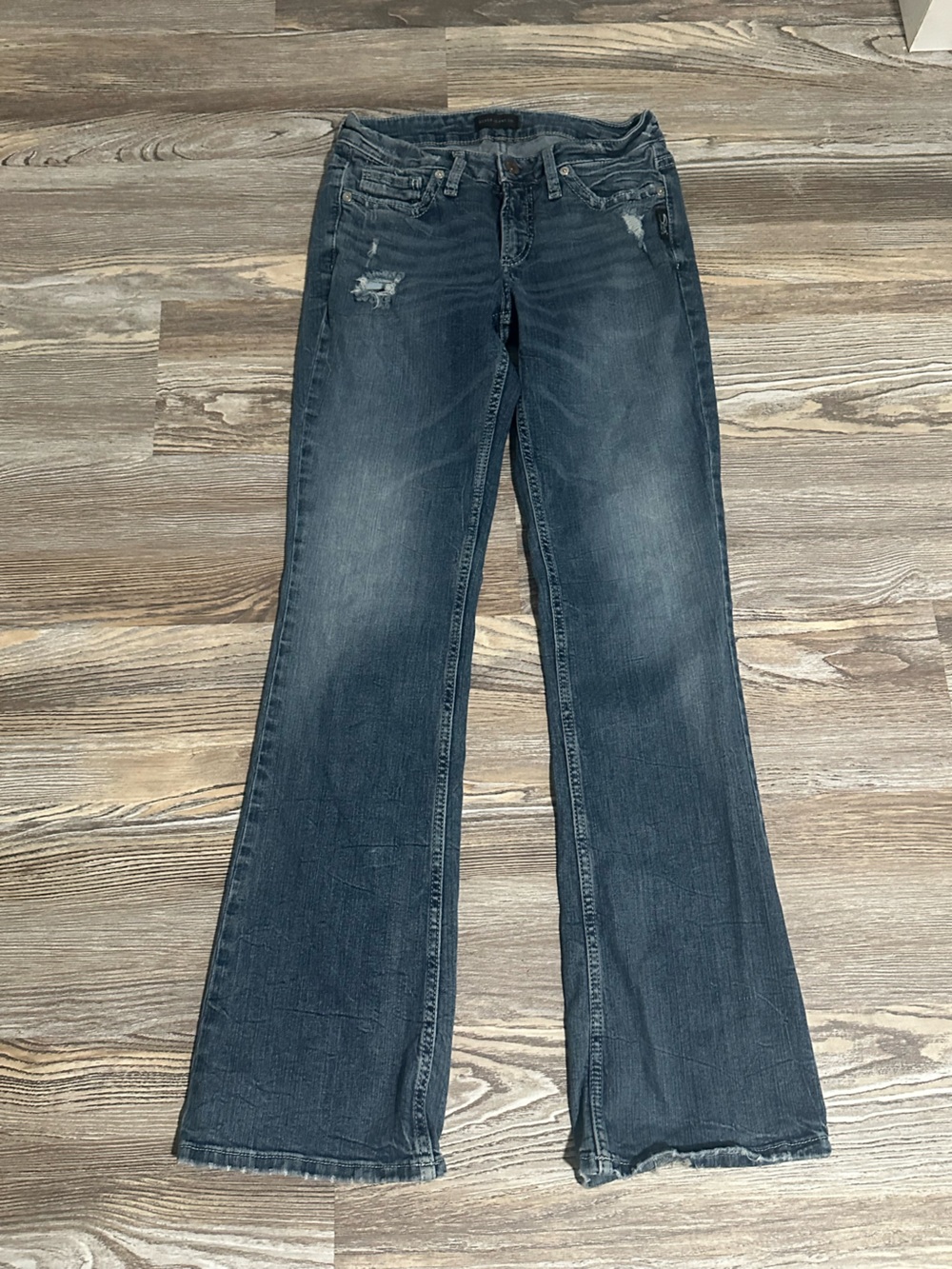 Silver Jeans Women's Boot Cut Distressed Dark Blue Denim